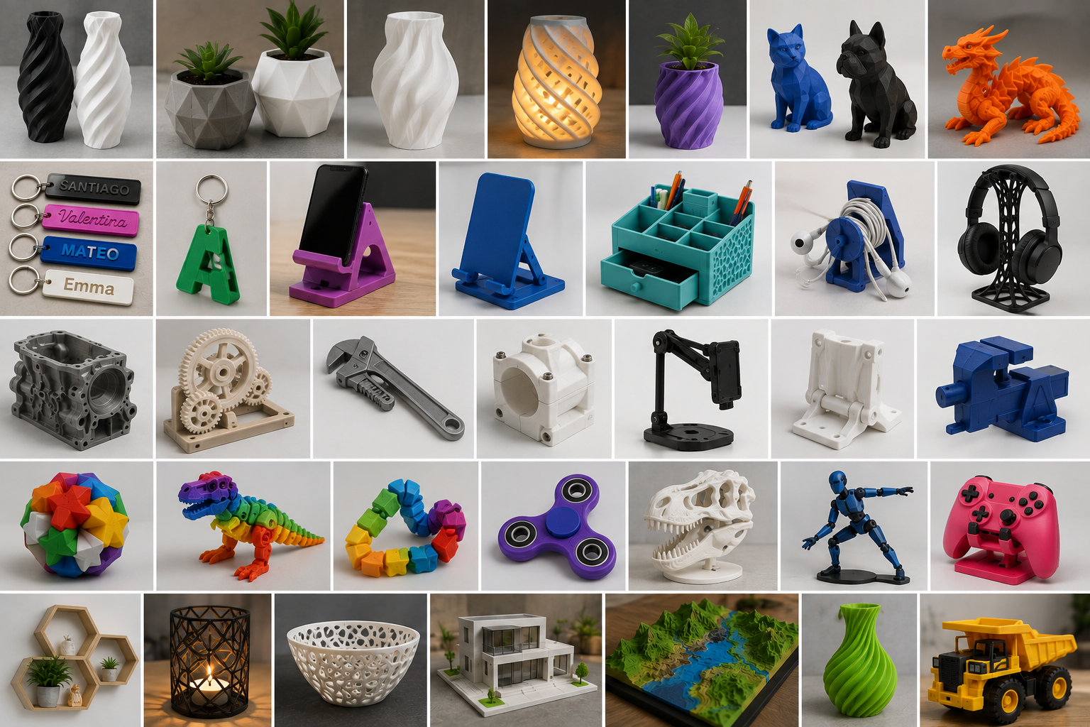 Galería con la diversidad de piezas que KAPAKAPA3D puede fabricar mediante impresión 3D
