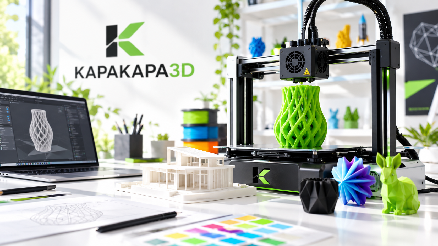 Estudio KAPAKAPA3D con impresora 3D fabricando un jarrón, computadora con modelado 3D, maqueta arquitectónica y figuras impresas de colores