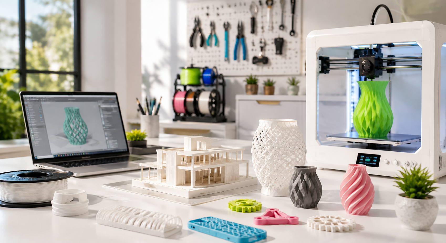 Piezas impresas en 3D terminadas junto a modelo arquitectónico y equipo de impresión KAPAKAPA3D