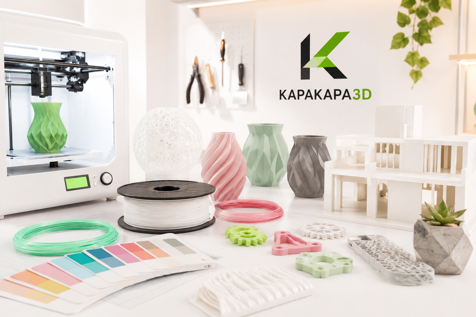 Impresora 3D KAPAKAPA3D fabricando una pieza junto a filamentos de colores