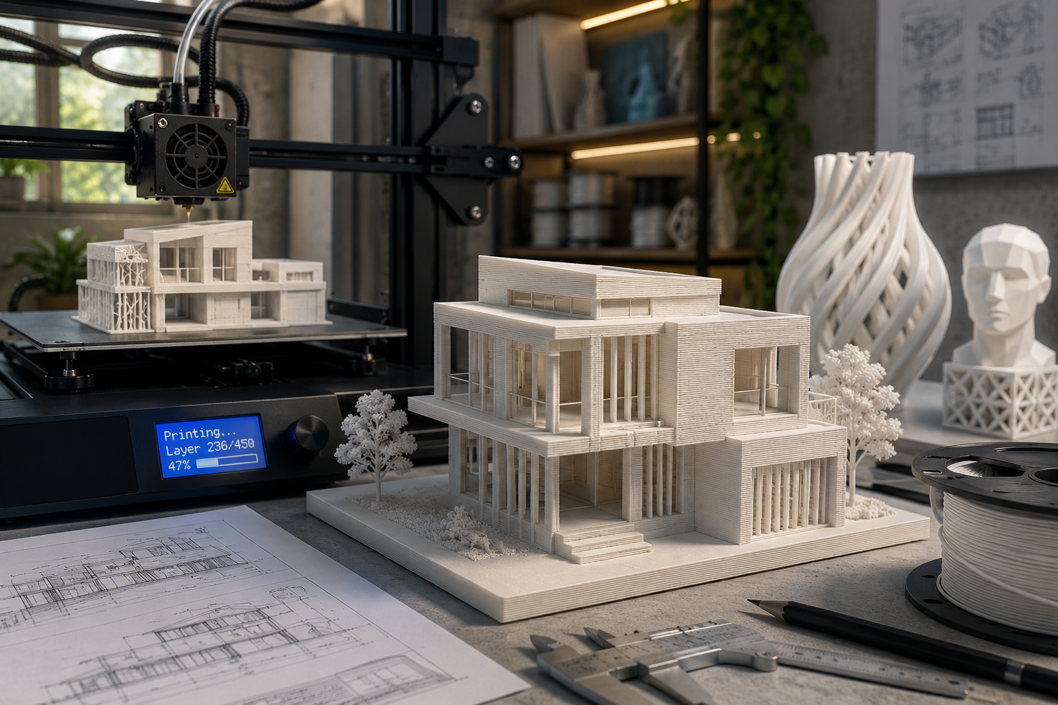 Boceto arquitectónico y maqueta impresa en 3D junto a la impresora KAPAKAPA3D